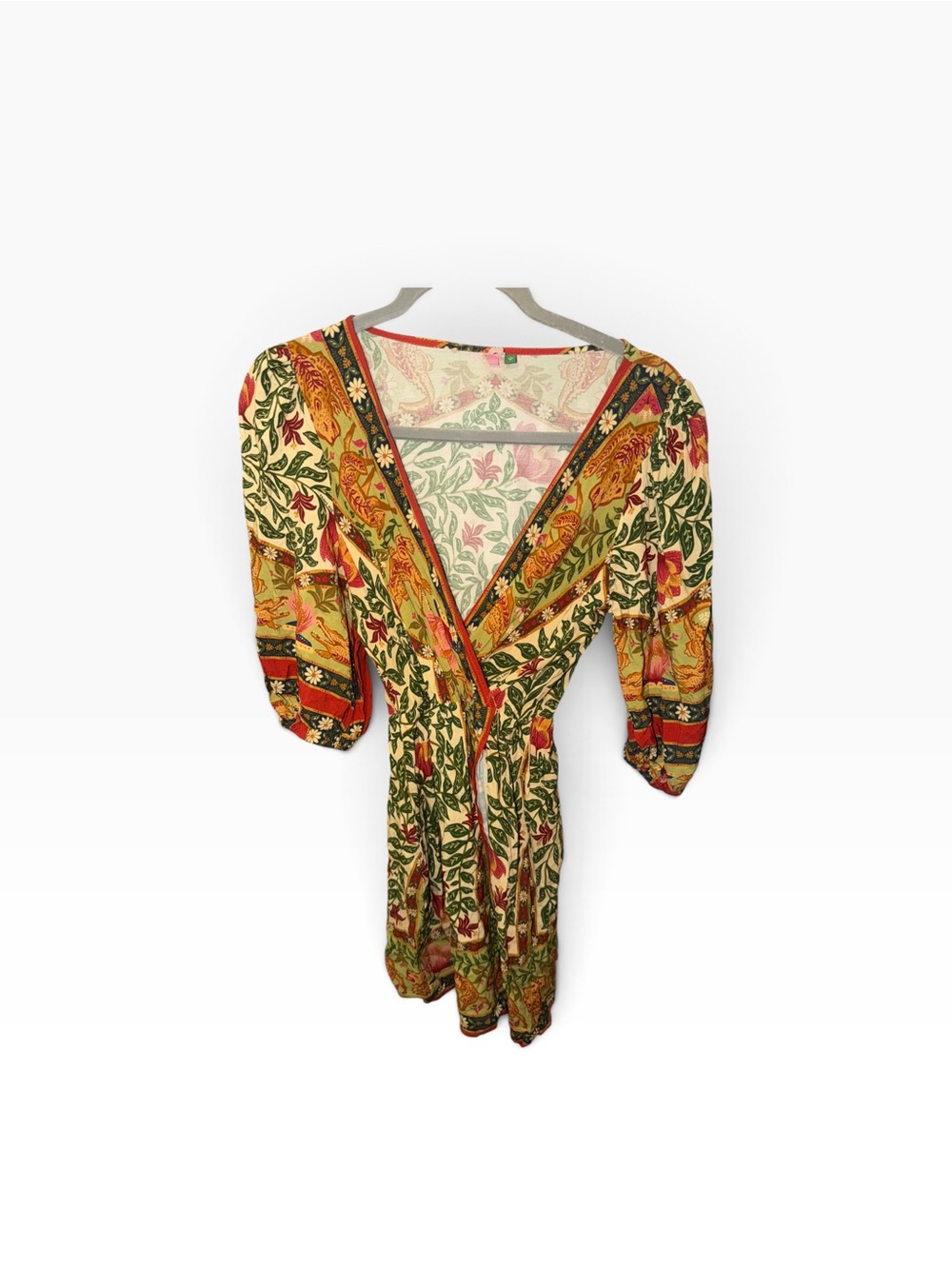 Farm Floral Wrap-Style Women's Top in Cream, Green & Red Petit